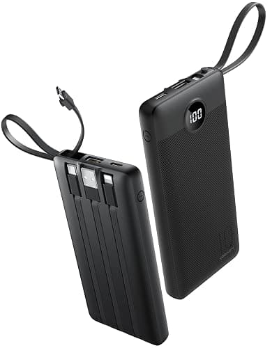 Coowisty Portable Charger with Built in Cables, Slim 10000mAh Power Bank with USB C, External Battery Pack 5 Outputs 2 Inputs LED Display Compatible with iPhone/Android & More (Black) - Image 1