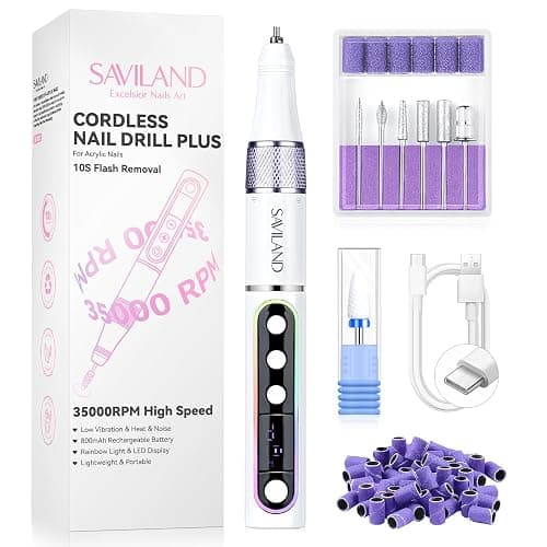 SAVILAND Advanced Cordless Electric Nail Drill: 10S Fast Removal 35000 RPM High Speed Nail File Kit for Acrylic Nail Tool Professional Rainbow Light LED Display Pro Manicure Kit Salon Travel Nail Tech - Image 1