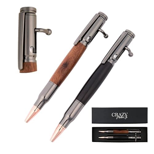 Bolt Action Pen - Bullet Pen (Set of 2) - Cool Pen w/Classic Shape Clip - Mahogany & Ebony Wood Pen Grip - Brass Pen - Fancy Pens for Men - Unique Pen - Nice Pens for Men - Novelty Pens- Fancy Pen - Image 1