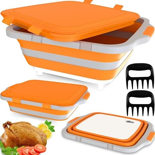MAYALEAD BBQ Prep Tub with 2 Pcs Meat Shredder Claws, 4.22Gal/16L Collapsible Cutting Board with Locking Lids, 3 Adjustable Height – Ideal for Indoor and Outdoor (Orange) - Image 1