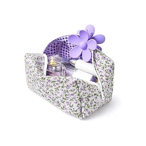 Aucuu Kosmetiktasche, Kulturtasche Damen, Coquette Make-up-Tasche, Klein Kulturbeutel Schminktasche, Gesteppte Kosmetiktasche mit Blumenmuster, Makeup Bag Waschtasche, Cosmetic Bag für Mädchen Frauen - Image 1