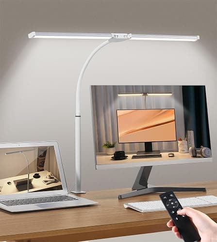 LIBORA Lampe de Bureau LED, Double tête lampe bureau, 5 Modes de Couleur 5 Niveaux de Luminosité, Col de cygne flexible et Peu encombrante lampe pince, lampen de table, Blanc - Image 1