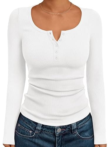Trendy Queen Long Sleeve Shirts for Women Henley Ribbed Fall Tops Dressy Business Casual Teen Girl Winter Cute Basic Tees - Image 1