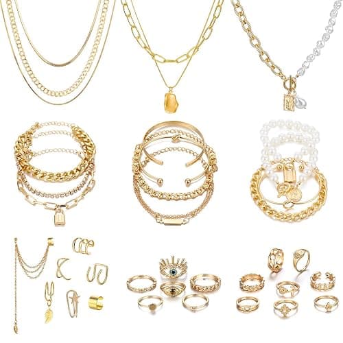 IFKM 36 PC Gold Plated Jewelry Set with 4 Necklace, 11 Bracelet, 7 Ear Cuffs Earring, 14 Knuckle Rings for Women Girls Valentine Anniversary Birthday Friendship Gift - 36 pcs Gold - Image 1