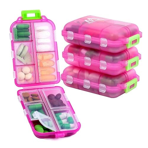 4PS Travel Pill Organizer with 164 Slice Labels,10 Compartments Travel Pill Box Portable Folding Small Pill Case Daily Pill Container Used for Carry Storage Medicine Organizer by M MUchengbao (Pink) - Pink - Image 1