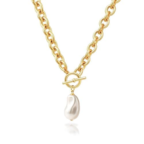 Zeffy 14K Gold/Silver Plated Chunky Thick Chain Toggle Clasp Necklace Dainty Baroque Pearl/Heart/Cross/Turquoise Pendant Necklace - Image 1