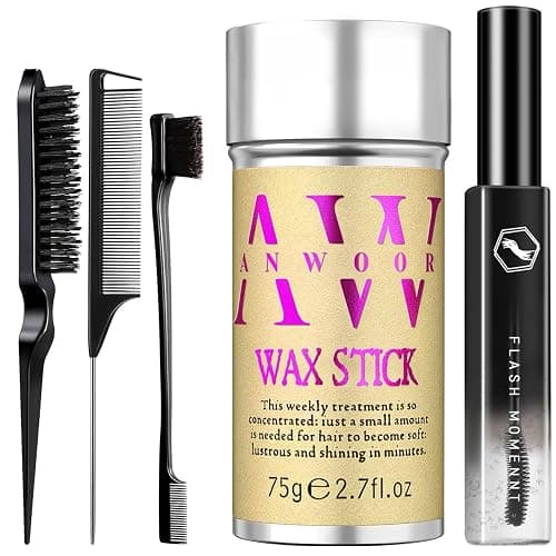 5Pcs Hair Wax Stick & Slick Back Hair Brush, Hair Finishing Stick - Smooths Flyaways, Tames Frizz, Creates Sleek Ponytails & Buns, Defining Edges - Styling Accessories for Women & Kids - All-in-1 Kit - Image 1