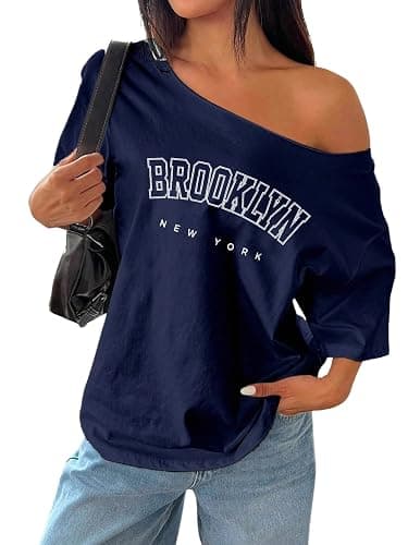RoseSeek Women's Oversized Off Shoulder Graphic Tees | Short Sleeve Bow Letter Print T Shirts Y2K Tops - Image 1