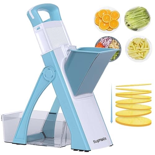 Upgrade Safe Mandoline Slicer Plus for Kitchen, SupMaKin Bigger Port Vegetable Food Potato Chopper, Adjustable Thickness, Julienne & Dicer Salad Making Chopping Artifact (Blue & White) - Image 1