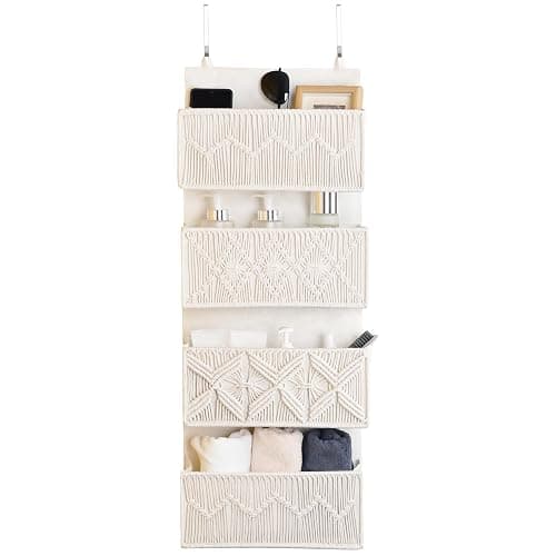 janebeauties Over the Door Organizer Macrame Boho Nursery Storage with 4 Large Woven Pockets, Hanging Basket for Bathroom, Nursery & Closet Doors, Behind the Door Storage Organizer, Cream White - Image 1