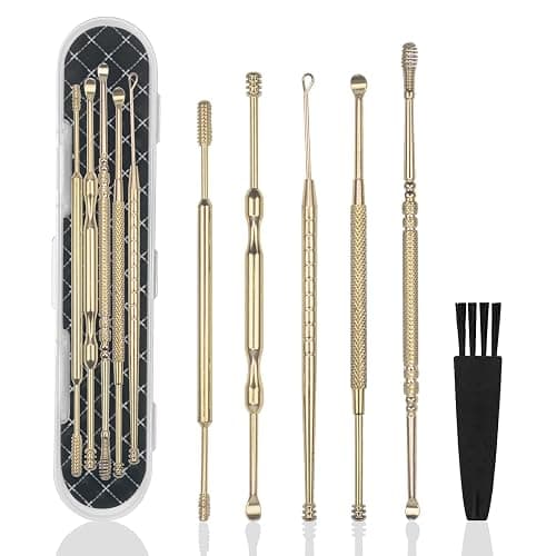 Hion 6 Pcs Extended Ear Wax Removal Kit,Professional Double-Headed Ear Pick Earwax Removal Tools,316L Stainless Steel Ear Cleaner Curette with Cleaning Brush and Storage Box,Suit for Kid Adult(Gold) - Image 1
