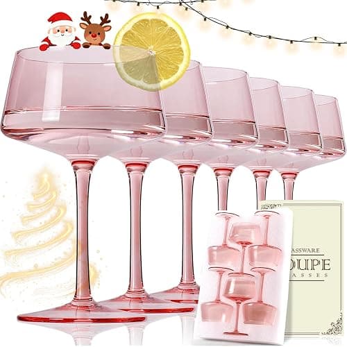 JOVGANK Pink Coupe Glasses Set of 6, Hand Blown Pink Martini Glasses 13Oz, Champagne & Cocktail Luxury Glasses, Bar Manhattan and New Year Martini Glass, Christmas gifts for Ice Cream Dessert - Image 1