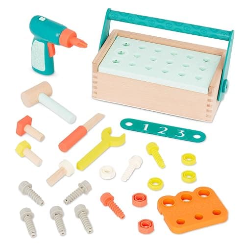 B. toys – Fix ‘n’ Play Kit – Pretend Play Tool Box – Wooden Toolbox & Accessories (25 Pieces) – Carpenter Set for Kids – Play Set with Drill, Hammer, Screwdriver & More – 3+ Years - Image 1
