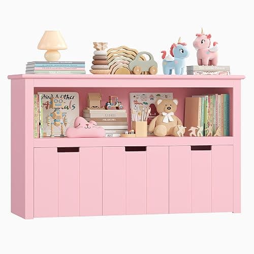 FOREHILL Toy Storage Unit Kids Bookshelf, 3 Drawers with Swivel Castors | Kids Storage Cabinet, Childrens Bookcase for Nursery, Living Room, Toy Organiser, Kids Bedroom Furniture, 102x33x61.5cm Pink - Image 1