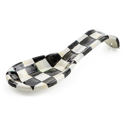 MACKENZIE-CHILDS Enamel Spoon Rest, Kitchen Spoon Holder and Utensil Rest for Stovetop, Black-and-White Courtly Check - Image 1