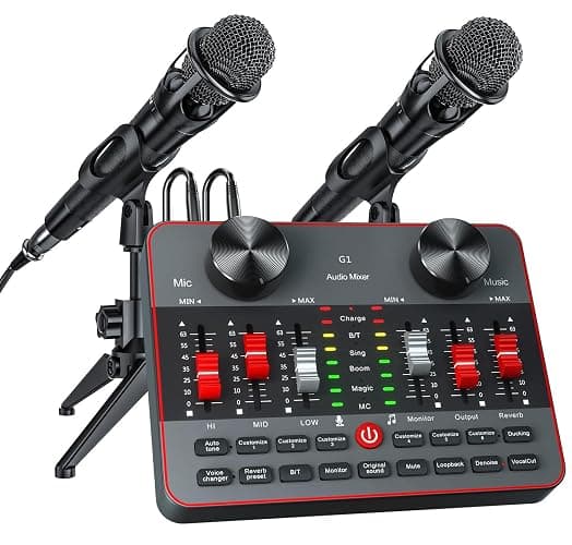 Podcast Equipment Bundle for 2 Mic Tiktok Video Content Creator Kit, Audio Interface DJ Mixer Sound Card/Board Condenser Microphone for Studio Smartphone/PC/Laptop Broadcast Recording - Image 1