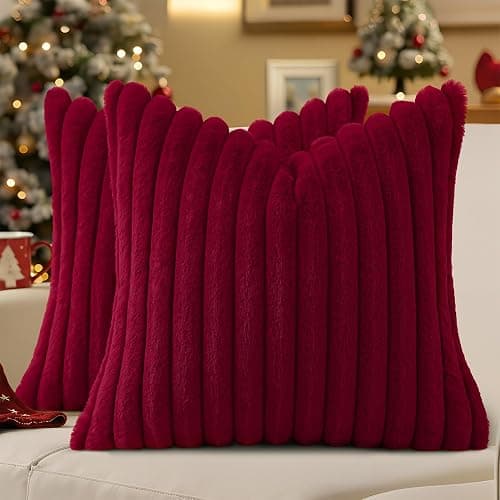 decorUhome Faux Fur Christmas Throw Pillow Covers 18x18 Set of 2, Decorative Soft Plush Striped Neutral Couch Euro Pillow Covers with Velvet Back for Sofa, Bed, Living Room Home Decor, Burgundy - Image 1