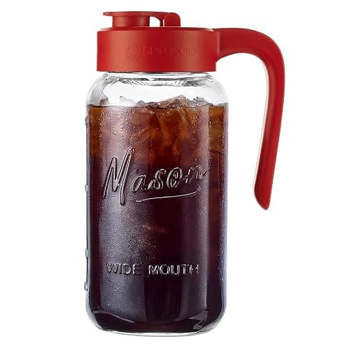 Spreccio Mason Jar Pitcher, 64 oz (2 quart), Glass Pitcher with Lid | Airtight, Leak proof, Ergonomic Handle, Pour Spout Lid, Fridge Safe, for Sun Tea, Iced Tea, Cold Brew, Lemonade, Outside - Image 1