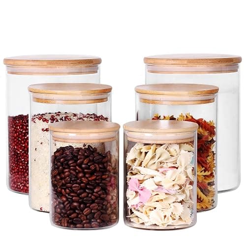 Tzerotone Glass flour Jars with Airtight Lids, 6 Pack Sugar and Flour Salt Containers Set, Extra Large Glass Rice Jar with Bamboo lid for Kitchen, Brown Suger, Beans, Groub Coffee (100OZ/54OZ/27OZ) - Image 1