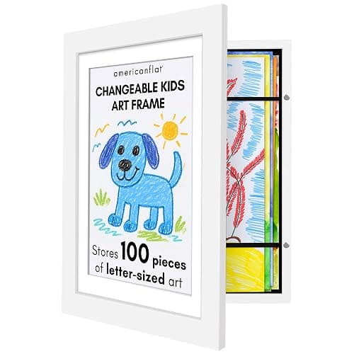 Americanflat Kids Artwork Frame Changeable (White) - Magnetic Door Holds 100 Art Pieces - 8.5x11 Letter Size Display with Mat or 10x12.5 Without Mat - My Mini Masterpiece - Image 1