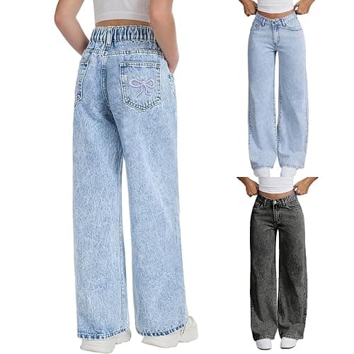 Godalithic Baggy Jeans for Girls Cute Kids Bow Embroidery Wide Leg Denim Pants High Waist Trousers Y2k Tween Clothes 7-13Y - Image 1
