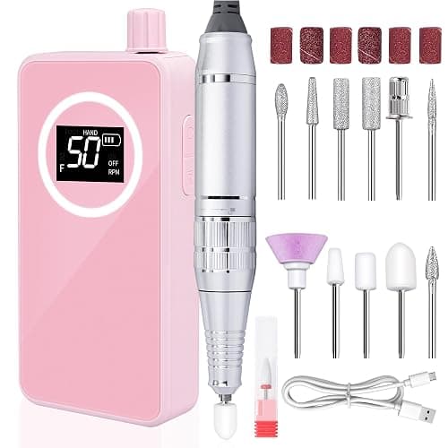 Nail Drill 50000 RPM, Electric Nail File E-File Machine with 12 Drill Bits | Rechargeable Portable Nail Drill for Acrylic Gel Nails, LCD Display, Low Noise, Home Salon Manicure Polishing Kit, Pink - Image 1