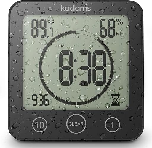 KADAMS Shower Clock Waterproof Bathroom Timer – Digital Wall Clock with Countdown, Magnetic Kitchen Clock with Temperature & Humidity, Suction Cup for Kids Shower Spa Sauna Cook Bath (Black) - Image 1