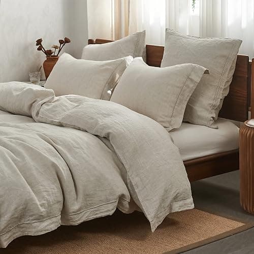 Simple&Opulence 100% Linen Duvet Cover Set with Embroidery Border Washed - 3 Pieces (1 Duvet Cover with 2 Pillow Shams) with Button Closure Soft Breathable Farmhouse - Linen, Queen Size - Image 1