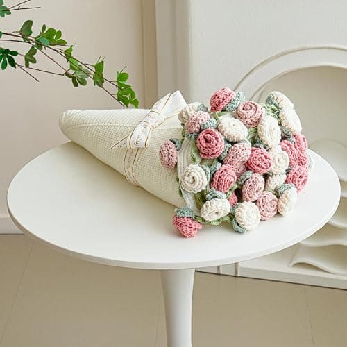 Crochet Flower Bouquet Throw Blanket, Handmade Knitted Blanket with Rose Flowers, Cute Romantic Gift for Her Girlfriend Mom Mother’s Day Valentine Wedding Anniversary Birthday, Pink and White - Image 1