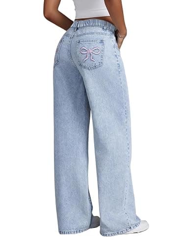 Bow Jeans for Girls Wide Leg Baggy Denim Pants Cute High Waisted Trousers Kids Casual Y2k Streetwear with Pockets 8-16Y - Image 1