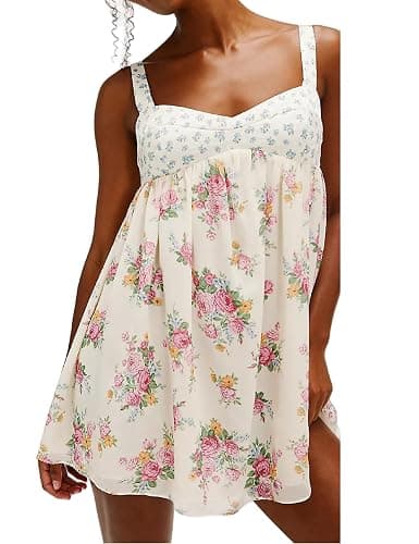 Women Spaghetti Strap Floral Mini Dress Boho Loose Cami Short Dress Y2k Summer Colorful Print Holiday Sundress - Light Beige - Small - Image 1