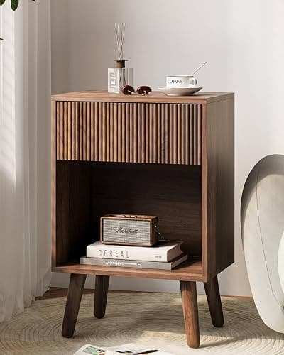 Nightstand, Modern Bedside Table with Storage Drawers and Open Wood Shelf, Night Stand with Solid Wood Legs, End Tables Side Tables for Living Room, Bedroom Walnut - Image 1