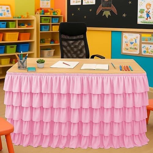 Wokuaile Pink Table Skirt Tutu Ruffled Tablecloth for Classroom Teacher Desk Skirt Back to School Supplies for Princess Girls Birthday Party Cake Dessert Decorations, 9FT - Image 1