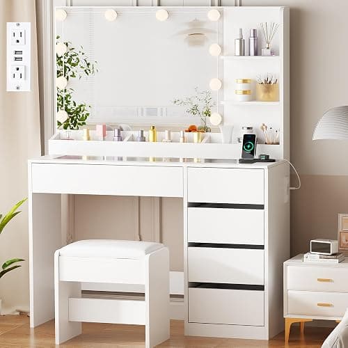 ANWBROAD 35.4" Vanity Desk with Mirror and Lights Makeup Vanity Table with Glass Top Power Outlet 5 Drawers 3 Storage Shelves Stool Small White Dressing Table 3 Color Modes for Bedroom Girls UBDT74W - Image 1