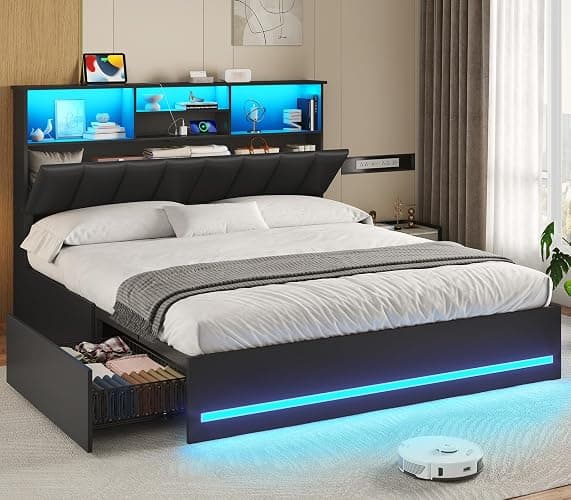VIAGDO Queen Bed Frame with Bookcase Headboard, Wooden Bed Frame Queen Size with Charging Station, 4 Storage Drawers and LED Lights, with Type-C and USB, No Box Spring Needed, Black - Image 1
