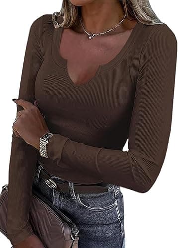 Roselux Women V Neck Ribbed Long Sleeve Shirt Fitted Basic Slim Knit Top - Image 1