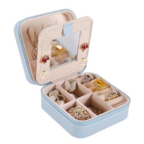 KElofoN Travel jewelry case Travel jewelry box Travel Jewelry Organizer Small Jewelry Organizer Box Gift for Girls Women with Mirror(Sky blue) - Image 1