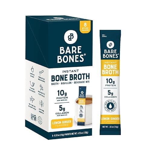 Bare Bones Bone Broth Instant Powdered Mix, Lemon Ginger, Pack of 8, 15g Sticks, 10g Protein, Keto & Paleo Friendly Bone Broth Packets - Image 1