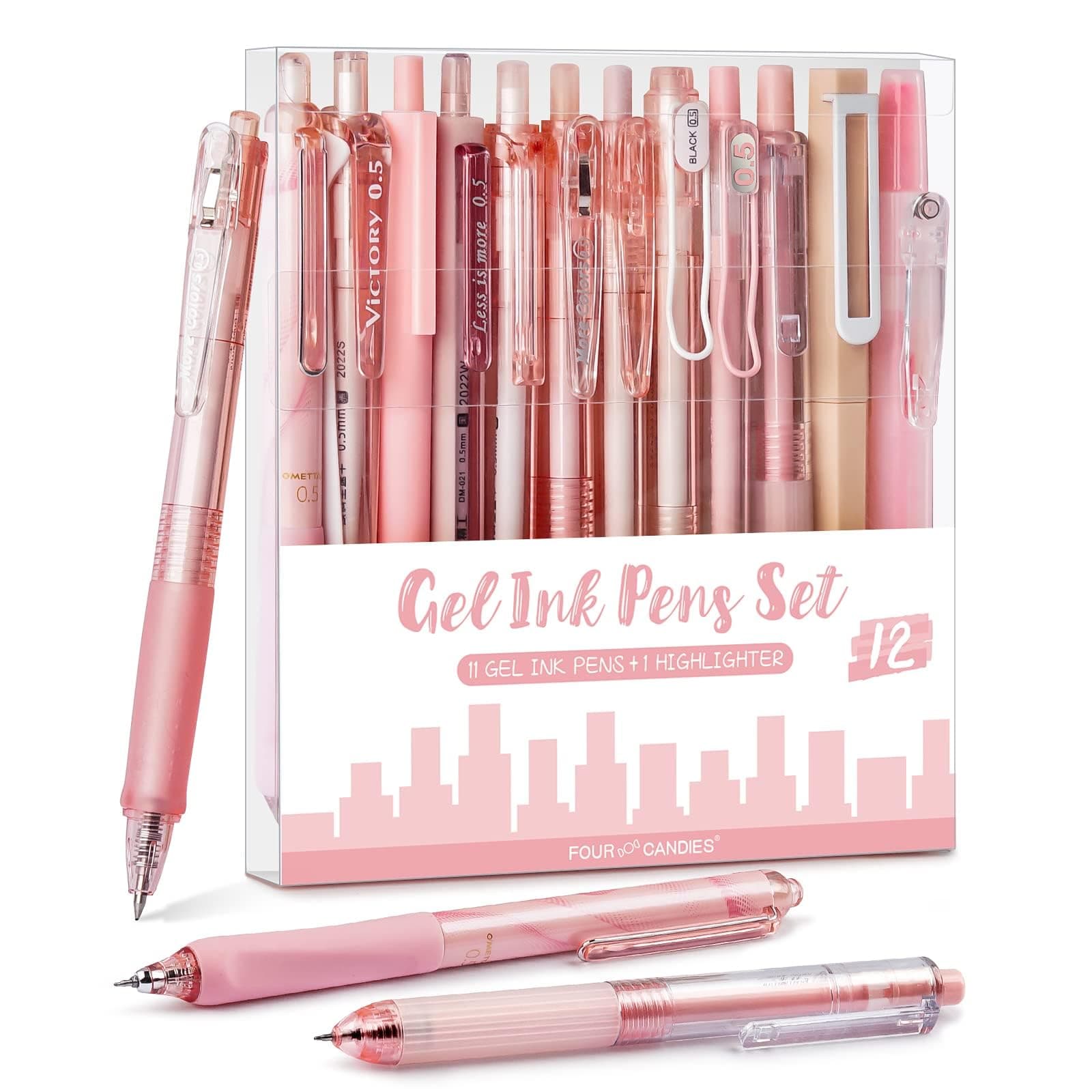 Four Candies 12Pack Pastel Gel Ink Pen Set, 11 Pack Black Ink Pens with 1Pack Highlighter for Writing, Retractable 0.5mm Fine Point Gel Pens, Cute Note Taking Pens for School Office (Pink) - Image 1