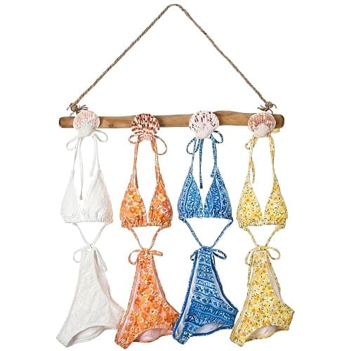 Gerrii 16 Inch Seashell Bikini Rack Driftwood Wall Mounted Hook Swimsuit Organizer Coastal Wooden Coat Rack for Summer Ocean Theme Beach Bathroom House Decor Swimming Pool(Cute) - Image 1