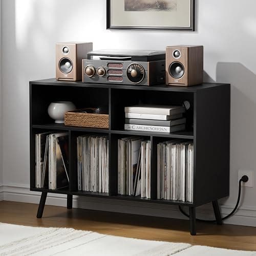 Cozy Castle Record Player Stand with Vinyl Storage Cabinet, Wood Turntable Table Open Shelf Holder Up to 350 Albums Cube Storage Organizer for Living Room, Office, Black - Image 1