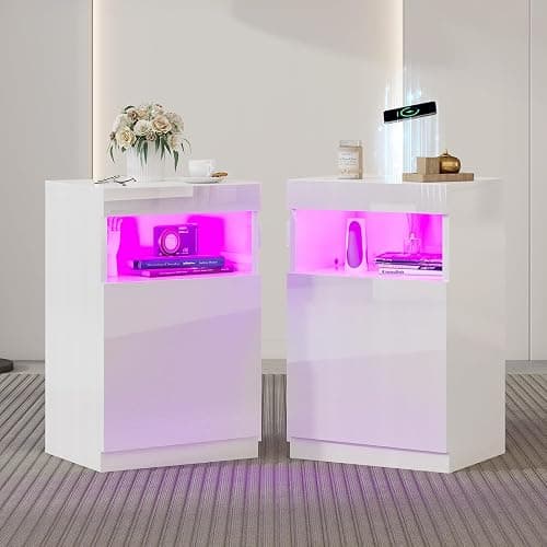 AMERLIFE Modern Nightstand Set of 2, LED Nightstand with Wireless Charging Station, High Glossy Bedside Table Cabinet with Remote Control, End Tables, 24.4" Bedroom Furniture, White - Image 1