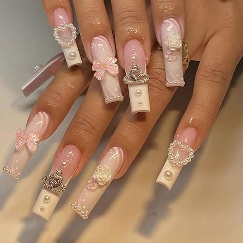 ZMRZ Press on Nails Long Pink False Nails Inlaid with Heart-Shaped Pearls, White Roses, Bows, and Crowns Showing The Noble Temperament of Women Girls' Fake Nails - 24 pieces (with Free Tool Kit) - Image 1