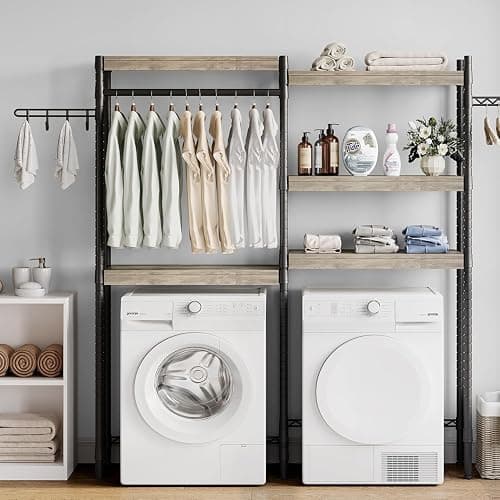 28" Over-The-Toilet/Washer Shelf – 5-Tier Laundry Organizer with Double-Layer Wood Shelves (100LB Capacity), Adjustable Height Storage for Small Spaces (Grey & Black) - Image 1