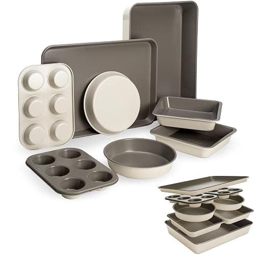 Goodful All-In-One Nonstick Bakeware Set, Stackable and Space Saving Design includes Round and Square Pans, Muffin Pans, Cookie Sheet and Roaster, Dishwasher Safe, 8-Piece, Linen - 8-Piece - Linen - Image 1