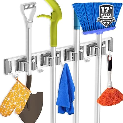 reliahom Broom Holder Wall Mount Mop and Broom Hanger Wall Mounted Garage Storage Rack Kitchen Garden Tool Organizer (4 Racks with 5 Hooks, Silver) - Image 1