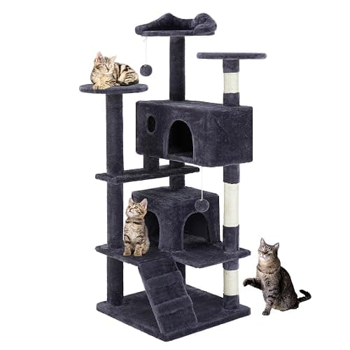 DUMOS 54-inch Indoor Cat Tree Tower –Multi-Level Pet House for Large Cats with 2 Condos, Scratching Posts, Round Platform, Small Ladder, and Toys – Perfect for Cats of All Ages, Dark Grey - Image 1