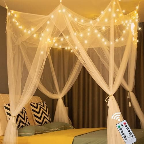 Obrecis White Bed Canopy with Lights for Girls Bedroom Decor, 8 Corner Princess Canopy Bed Curtains with Warm White LED Star String Lights Remote Control Canopy for Bed Twin Full Queen King Size Bed - Image 1