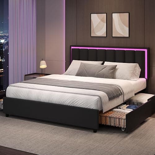 Queen Size Bed Frame with 4 Storage Drawers, Faux Leather Upholstered Bed Frame Queen with Headboard, RGB LED Ligths, Heavy Duty Metal and Wood Slat Support, No Box Spring Needed, Easy Assembly, Black - Image 1
