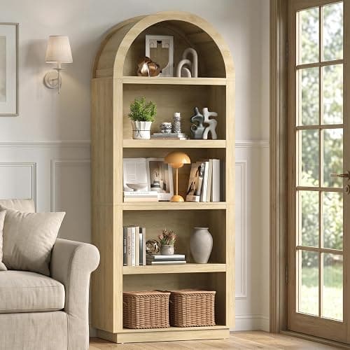 Bestier 76" Tall Arched Bookcase, 5 Tier Arched Bookshelf with Adjustable Book Shelf, Large Wood Bookshelf, Modern Farmhouse Open Display Book Case for Bedroom, Home Office,Living Room, Natural Oak - Image 1
